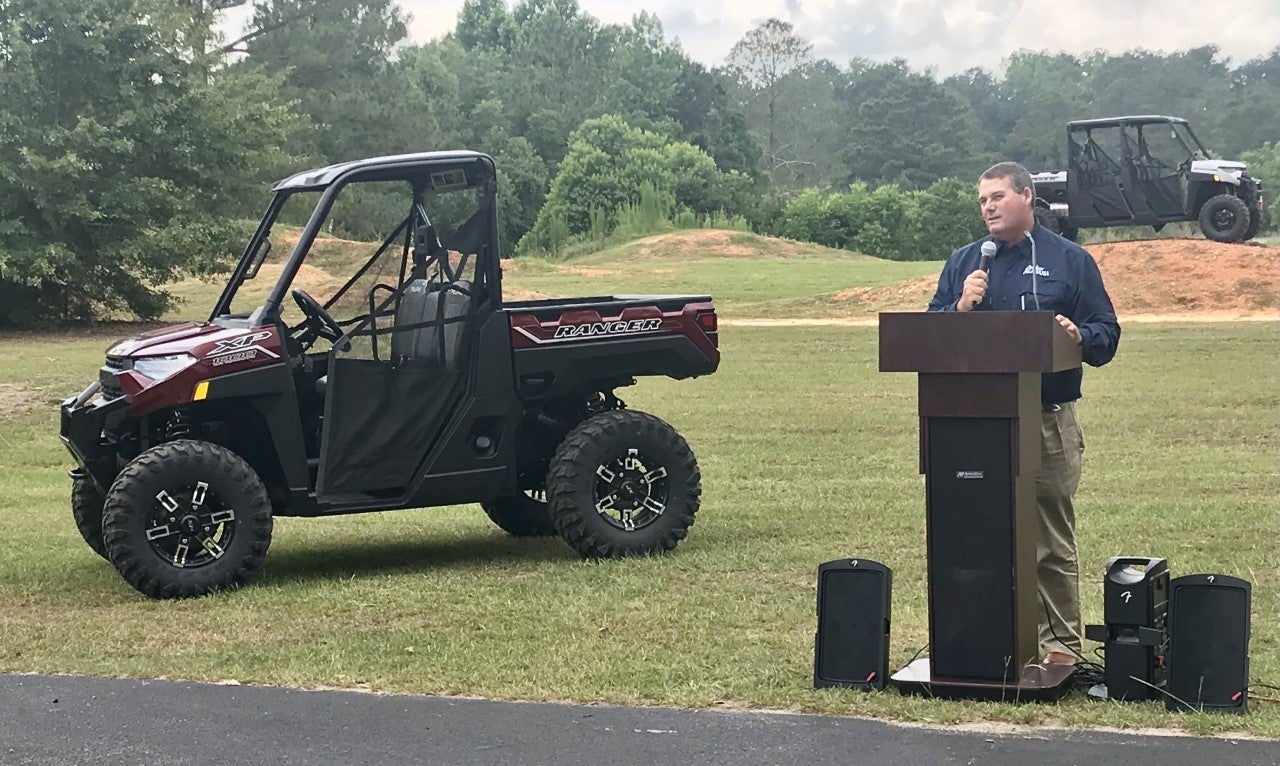 ADCNR Commissioner Chris Blankenship speaks at a ribbon-cutting ceremony for a new off-road vehicle course at Lakepoint State Park in Eufaula, Alabama.