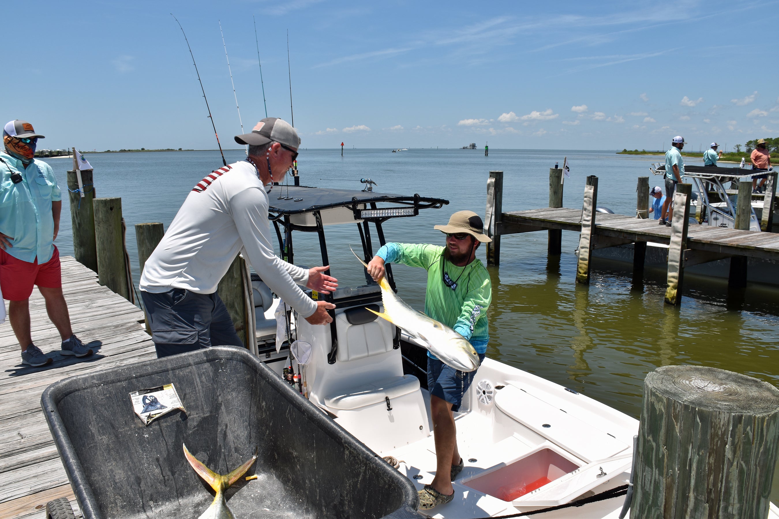 A rodeo angler hands off a jack crevalle to be weighed in at the Alabama Deep Sea Fishing Rodeo in 2020. 