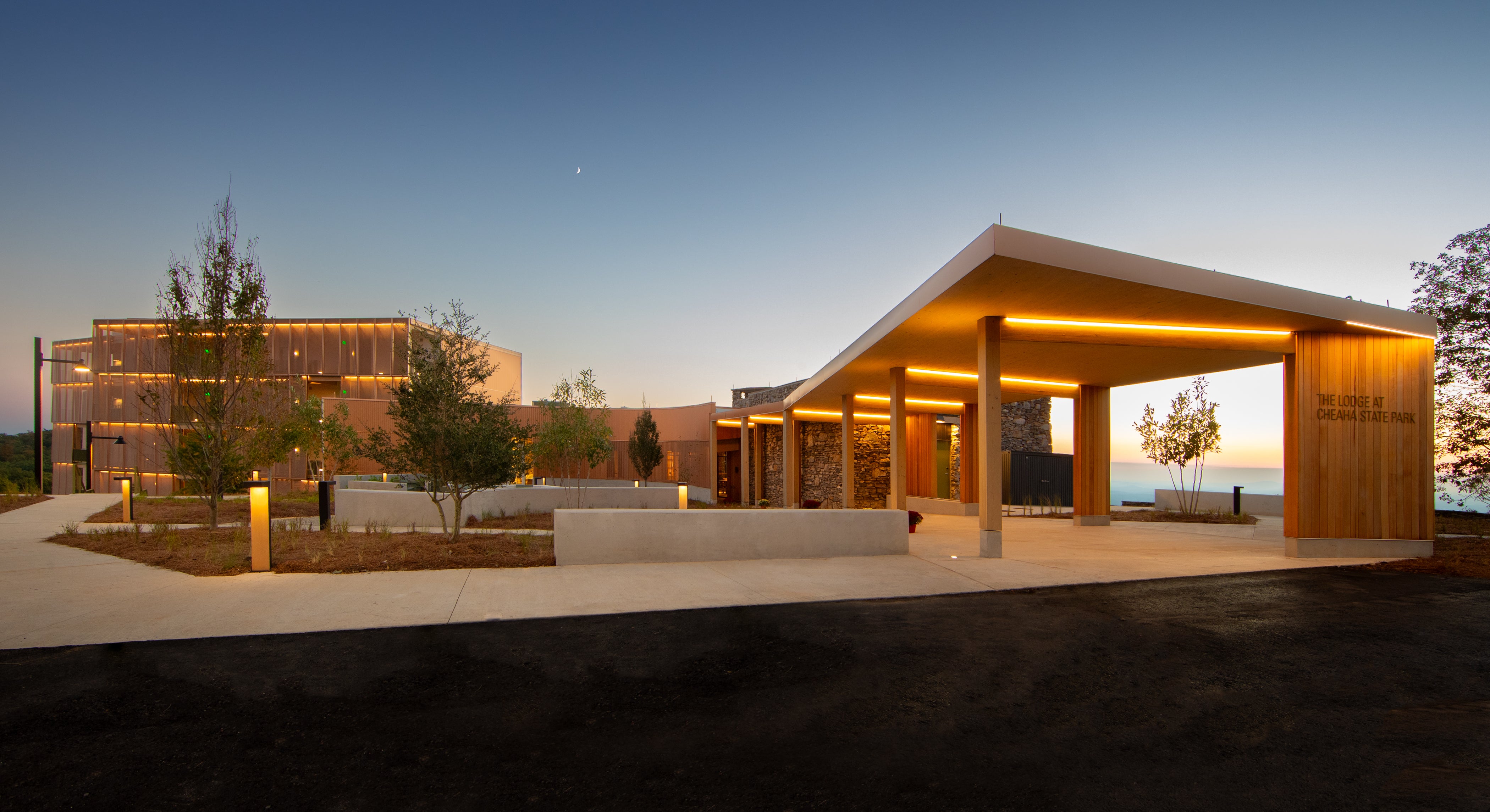 Sunset photo of the entrance at the new Lodge at Cheaha State Park in Delta, Alabama.