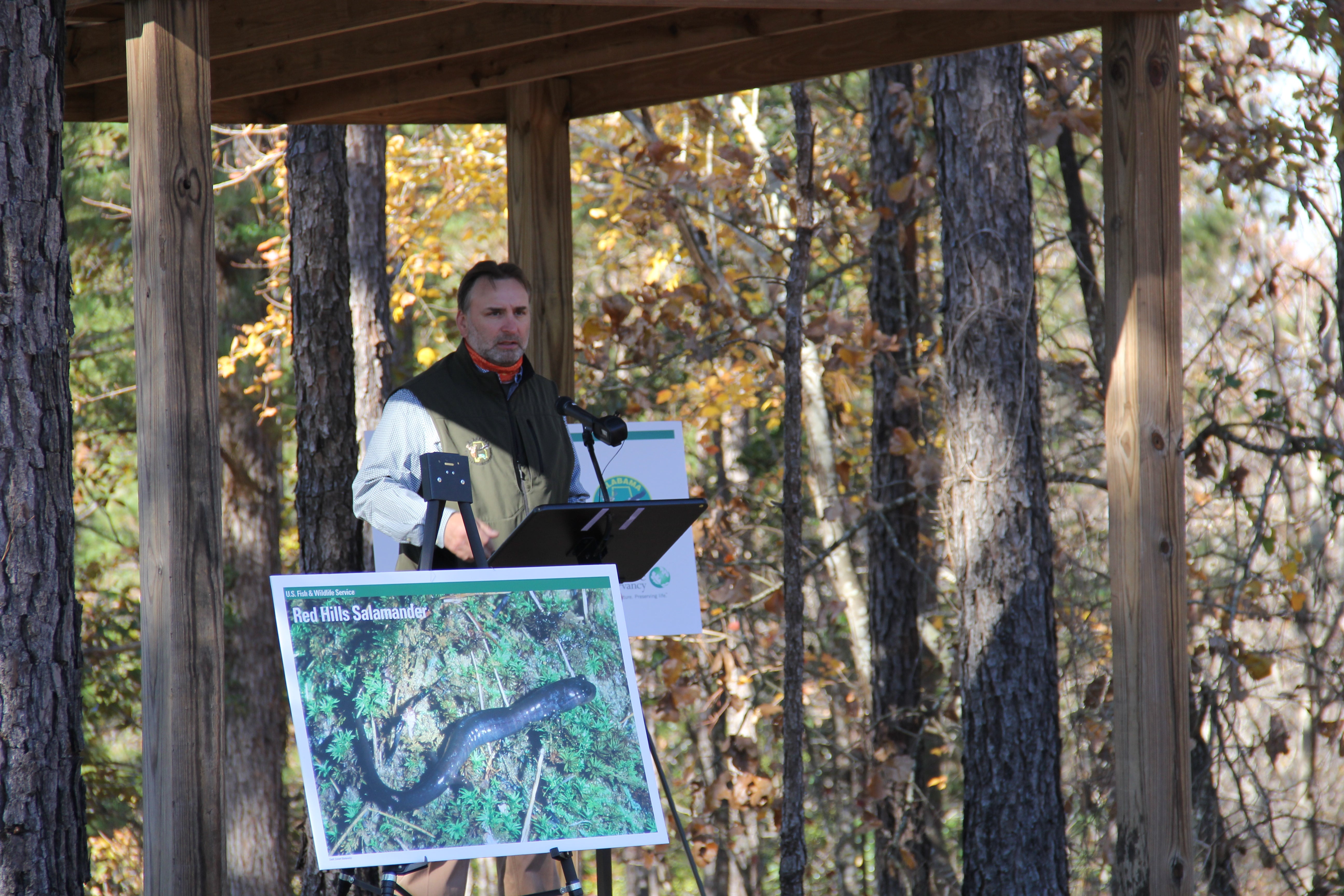 Photo: WFF Director Chuck Sykes speaks at an event celebrating the acquisition of additional critical Red Hills salamander habitat in 2020. Director Sykes, along with the ADCNR's Red Hills Salamander Habitat Purchase Team, were recently honored with a USFWS Regional Director’s Award for their work to conserve Red Hills salamander habitat in Monroe County, Alabama. Photo by Kenny Johnson, ADCNR