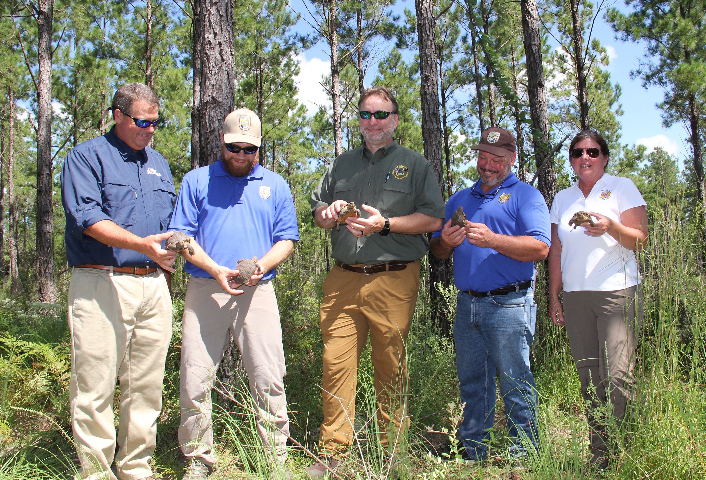 ADCNR Commissioner Chris Blankenship, USFWS Gopher Tortoise Lead John Tupy, WFF Director Chuck Sykes, USFWS Southeast Region Director Leopoldo Miranda-Castro, and USFWS Alabama Section 6 Coordinator Shannon Holbrook participated in the tortoise release.