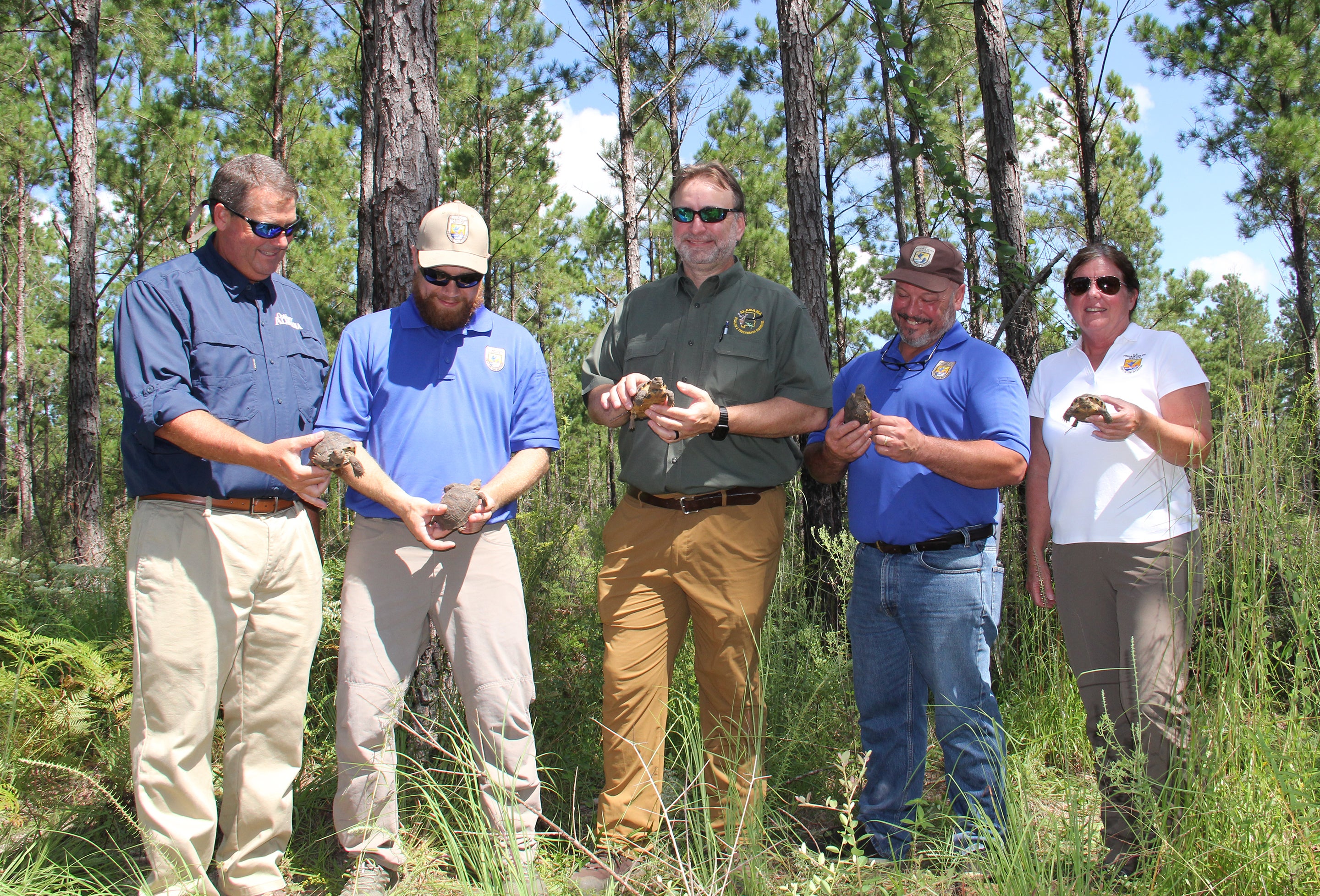 ADCNR Commissioner Chris Blankenship, USFWS Gopher Tortoise Lead John Tupy, WFF Director Chuck Sykes, USFWS Southeast Region Director Leopoldo Miranda-Castro, and USFWS Alabama Section 6 Coordinator Shannon Holbrook participated in the tortoise release.