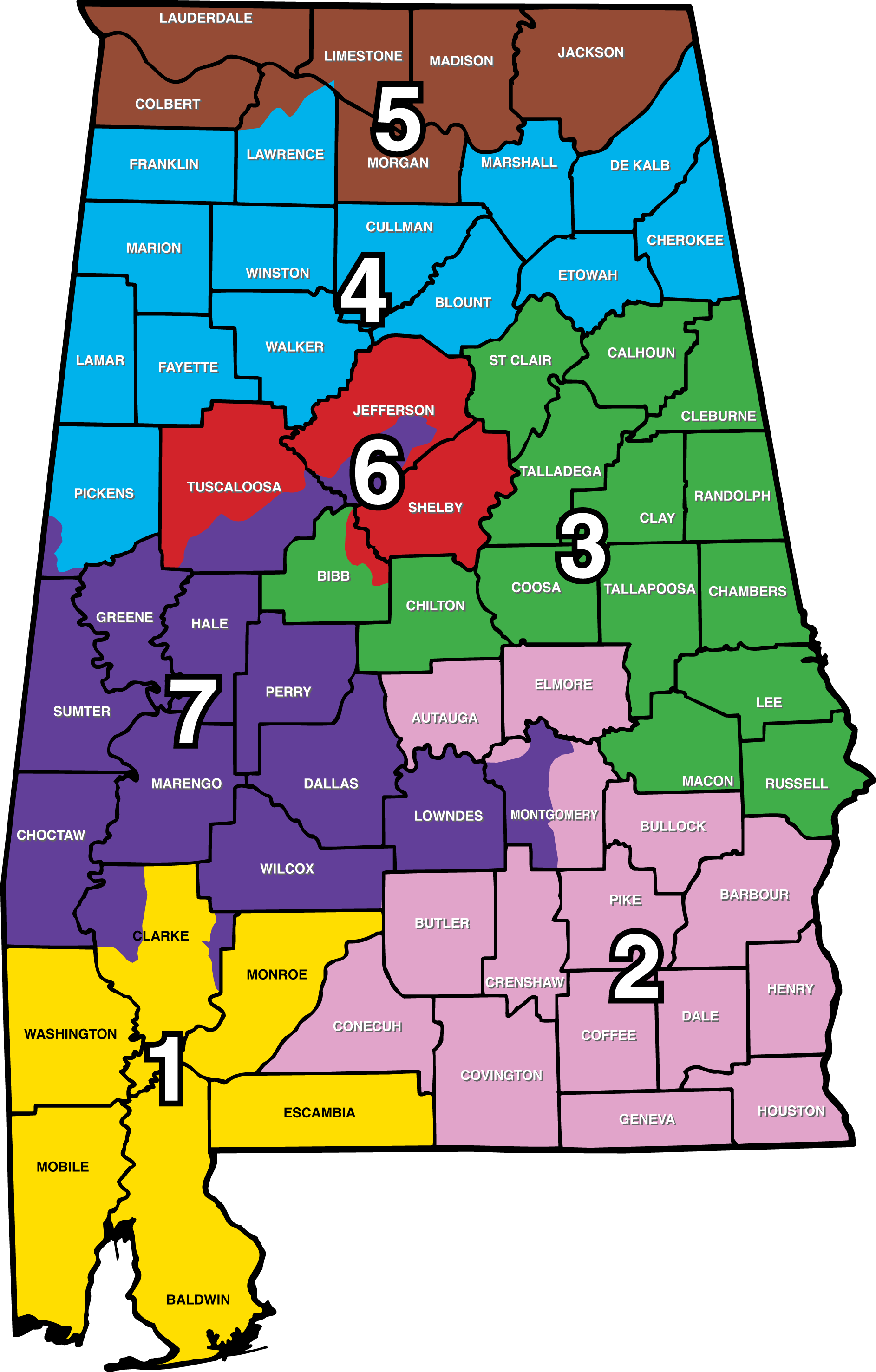 Alabama Map representing the districts of the Alabama Conservation Advisory Board.