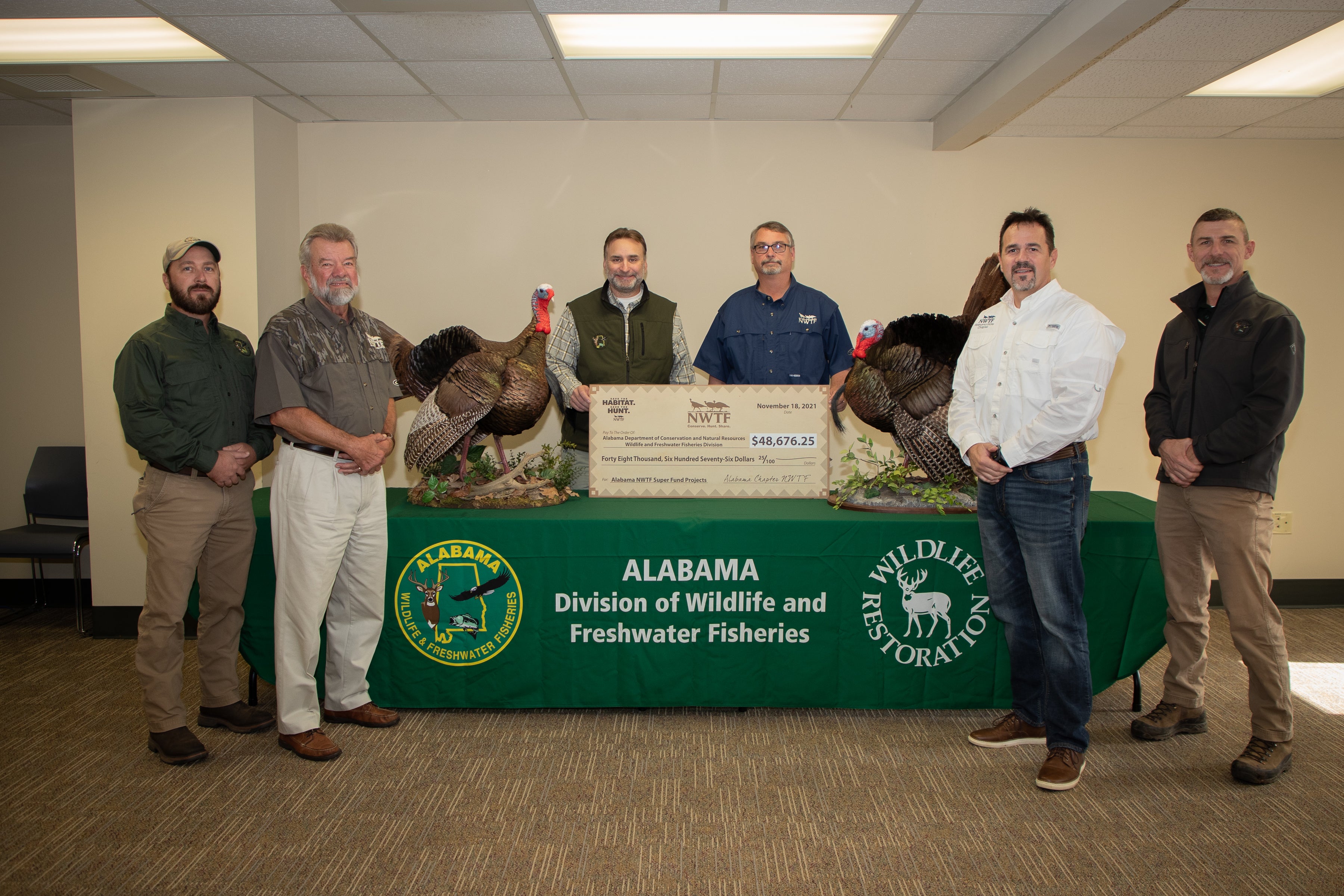 (Left to right): WFF Upland Game Bird Program Coordinator Steven Mitchell, Alabama NWTF Board Member Charlie Duckett, WFF Director Chuck Sykes, Alabama NWTF State Chapter President Craig Harris, Alabama NWTF Board Member Scott Brandon, WFF Chief Keith Gauldin.  Photo by Billy Pope, ADCNR