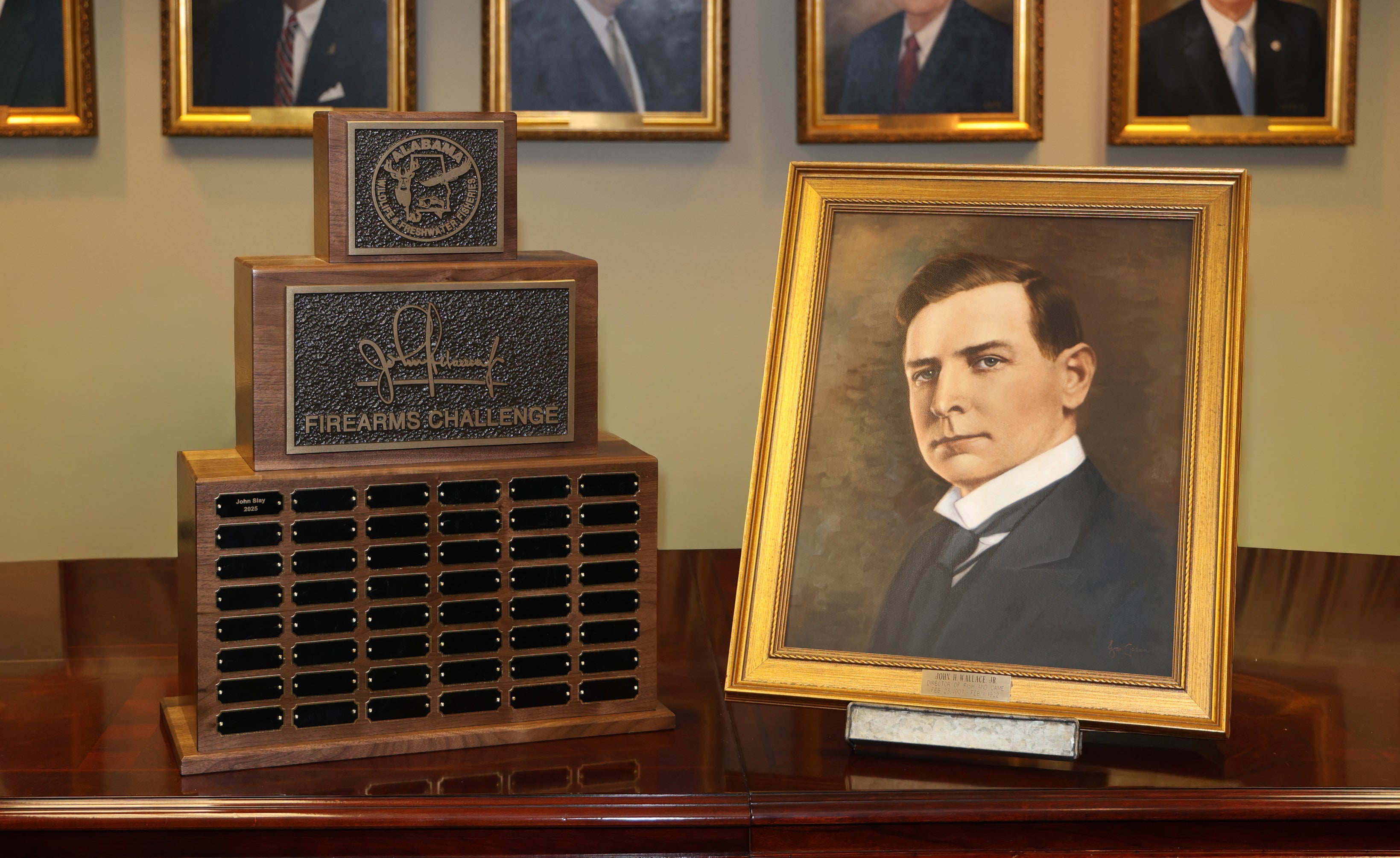 John H. Wallace Firearms Challenge Trophy and Portrait of Wallace