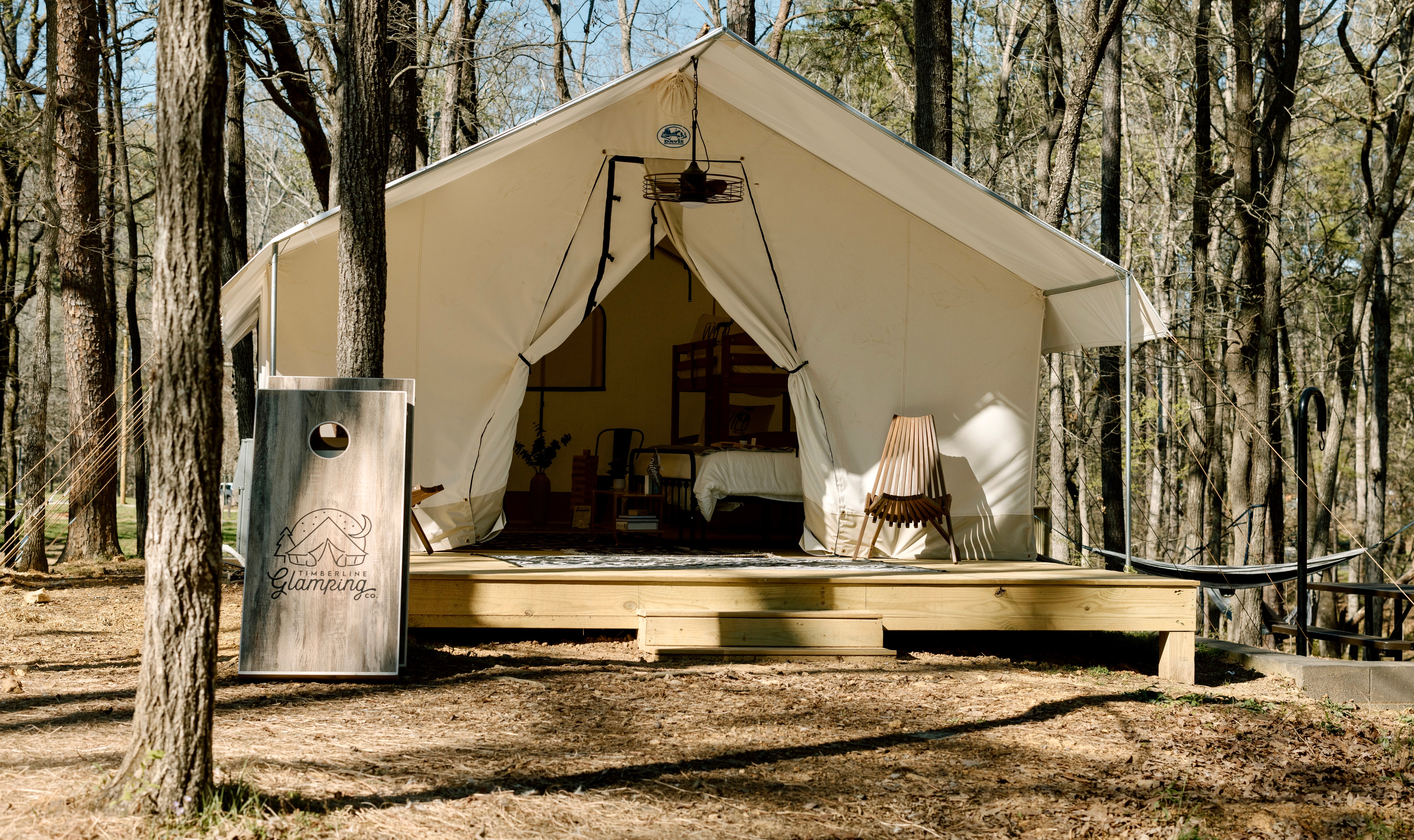 The new glamping tents combine adventure and indulgence at Alabama’s largest state park. (Photo courtesy of Timberline Glamping)